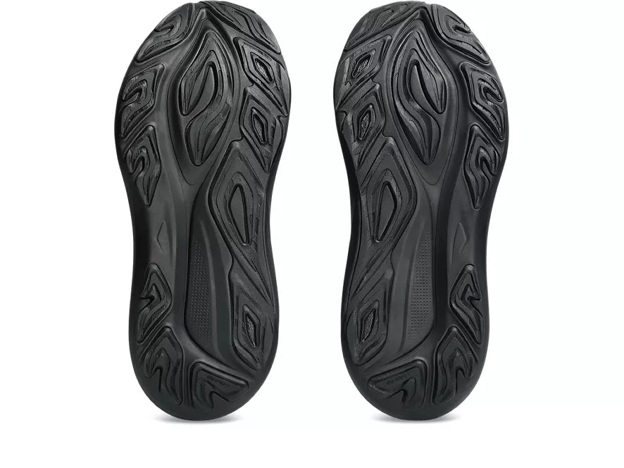 Women's Asics GT 2000 14. Black upper. Black midsole. Bottom view.