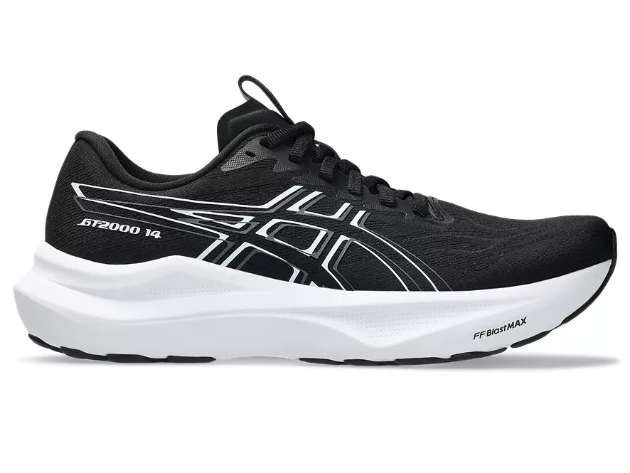 Women's Asics GT-2000 14. Black upper. White midsole. Lateral view.