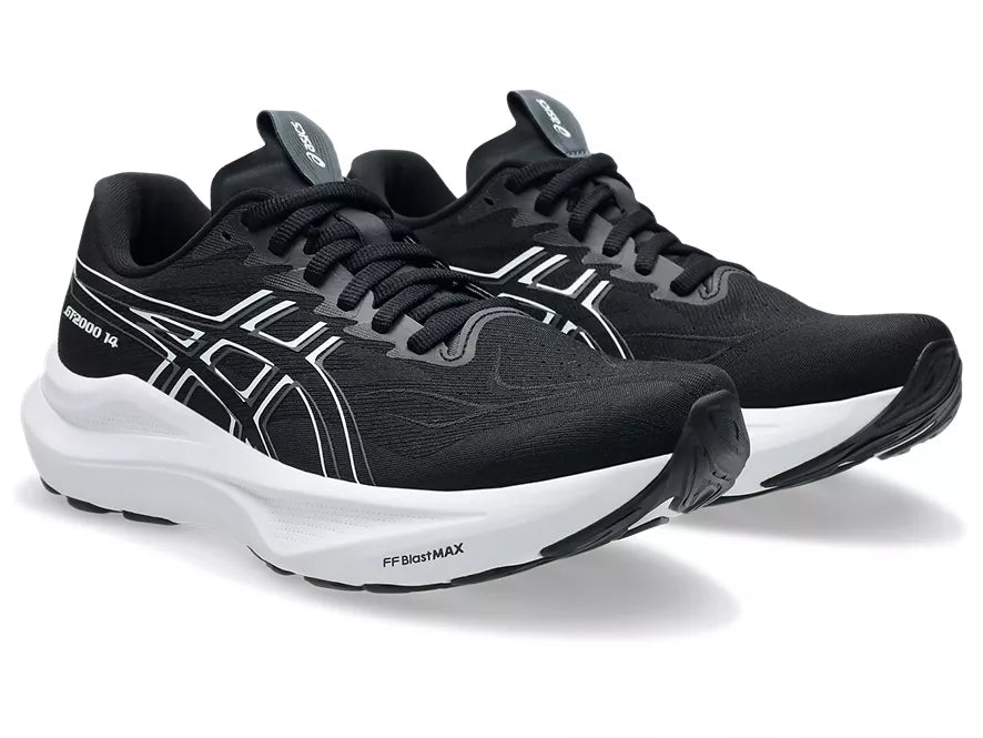 Women's Asics GT-2000 14. Black upper. White midsole. Lateral view.