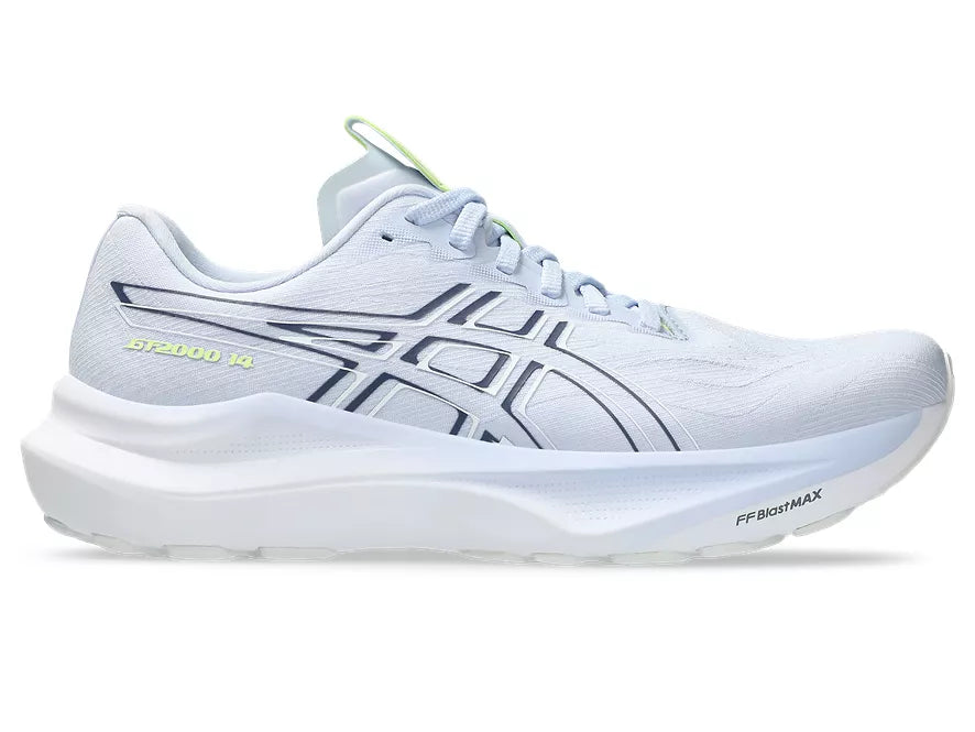 Women's Asics GT 2000 14. Light Blue upper. Light Blue/White midsole. Lateral view.