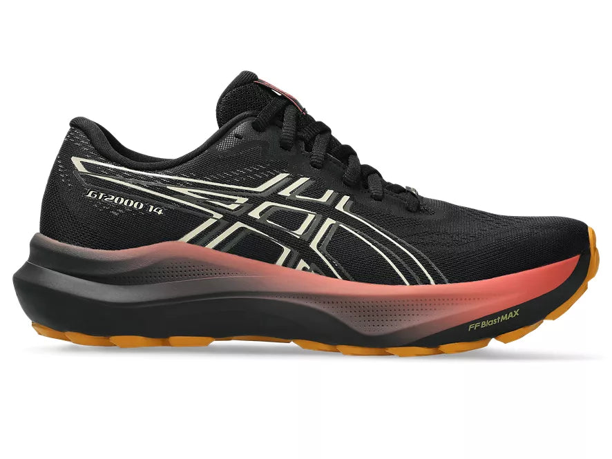 Women's Asics GT 2000 14 GTX. Black upper. Black/Dark Pink midsole. Lateral view.