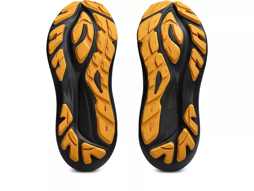 Women's Asics GT 2000 14 GTX. Black upper. Black/Dark Pink midsole. Bottom view.