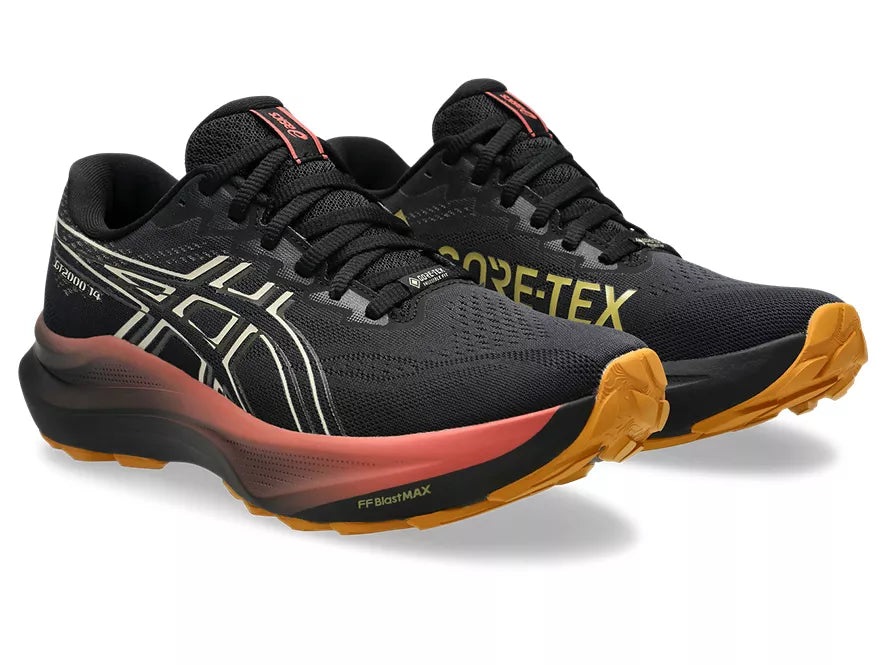 Women's Asics GT 2000 14 GTX. Black upper. Black/Dark Pink midsole. Lateral view.