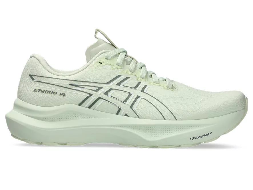 Women's Asics GT-2000 14. Light Green upper. Light Green midsole. Lateral view.