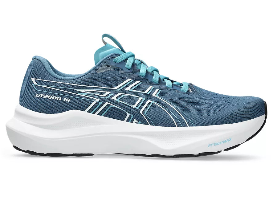 Women's Asics GT 2000 14. Dark Teal upper. White midsole. Lateral view.