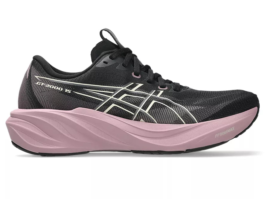 Women's Asics GT-2000 15. Black upper. Purple midsole. Lateral view.