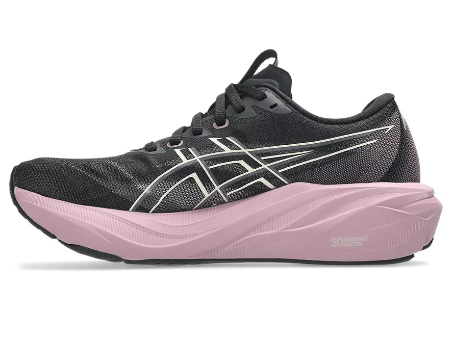 Women's Asics GT-2000 15. Black upper. Purple midsole. Medial view.