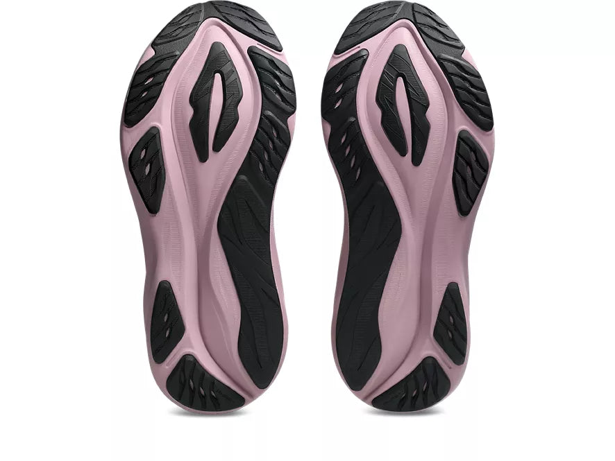 Women's Asics GT-2000 15. Black upper. Purple midsole. Bottom view.