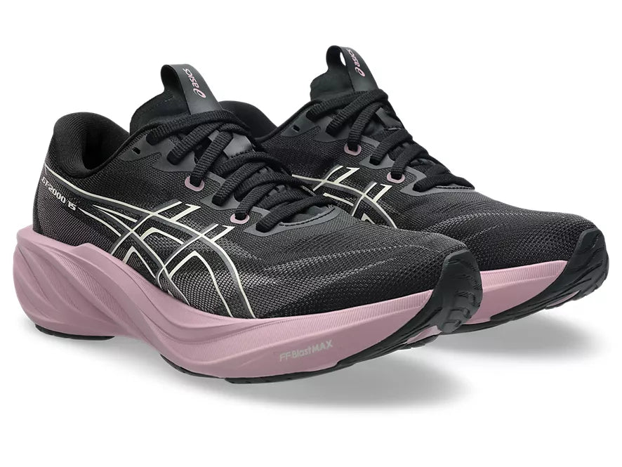 Women's Asics GT-2000 15. Black upper. Purple midsole. Lateral view.