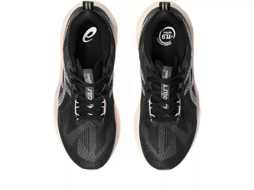 Women's Asics Novablast 5. Black upper. White midsole. Top view.