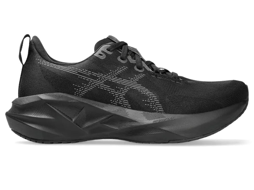 Women's Asics Novablast 5. Black upper. Black midsole. Lateral view.