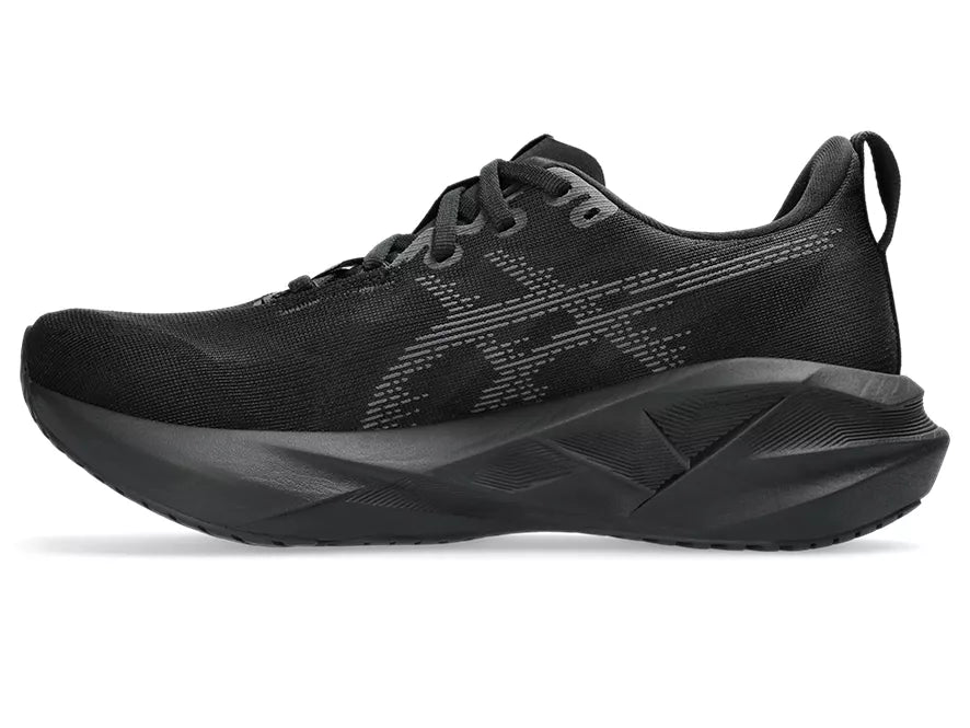 Women's Asics Novablast 5. Black upper. Black midsole. Medial view.