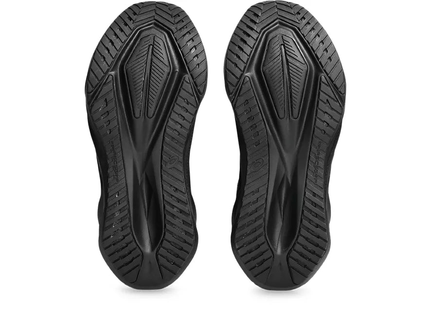 Women's Asics Novablast 5. Black upper. Black midsole. Bottom view.
