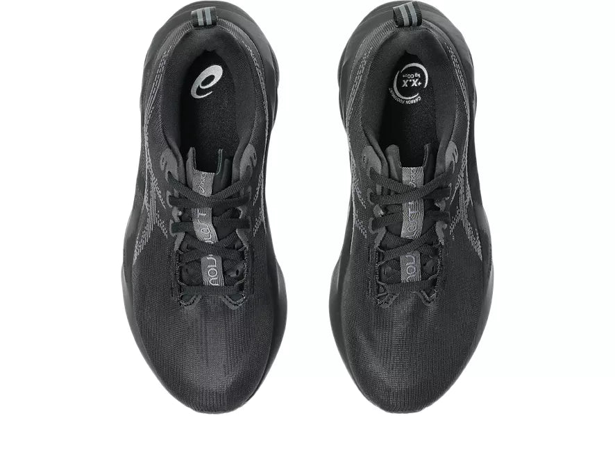 Women's Asics Novablast 5. Black upper. Black midsole. Top view.
