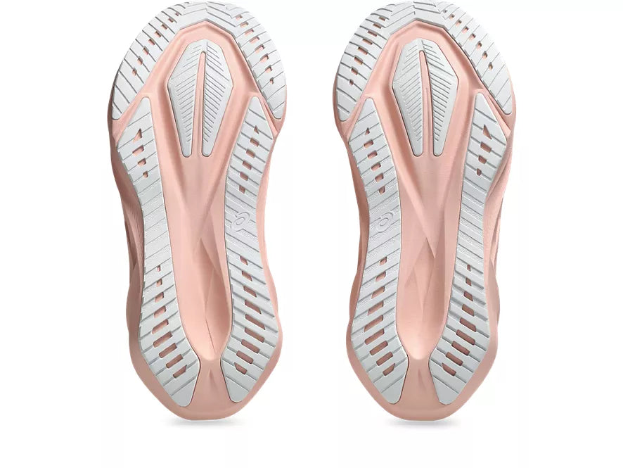 Women's Asics Novablast 5. Light Pink upper. Light Pink midsole. Bottom view.