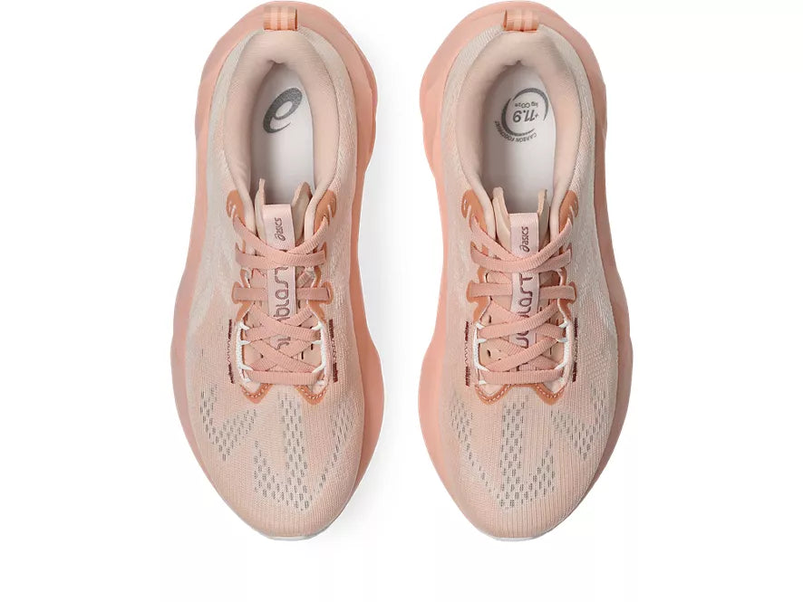 Women's Asics Novablast 5. Light Pink upper. Light Pink midsole. Top view.