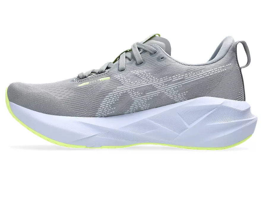 Women's Asics Novablast 5. Grey upper. White midsole. Medial view.