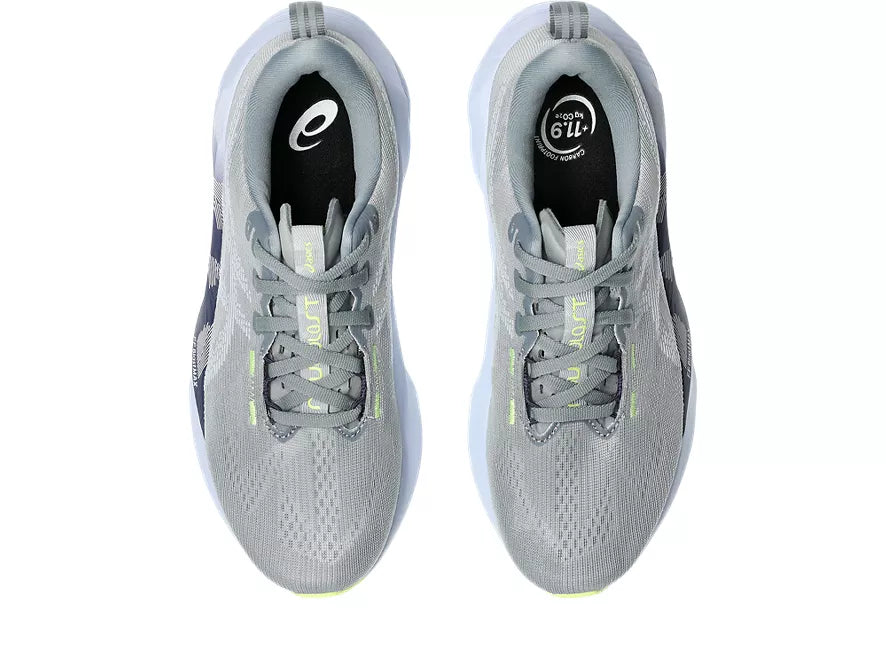 Women's Asics Novablast 5. Grey upper. White midsole. Top view.