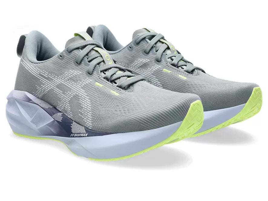 Women's Asics Novablast 5. Grey upper. White midsole. Lateral view.