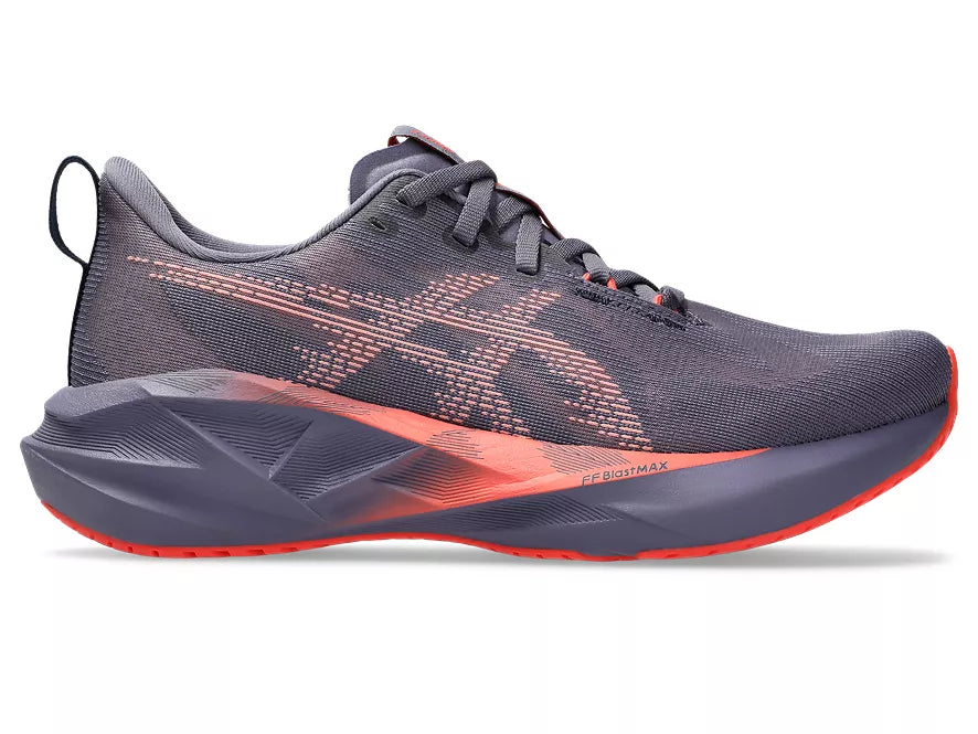 Women's Asics Novablast 5. Grey/Purple upper. Grey/Purple midsole. Lateral view.
