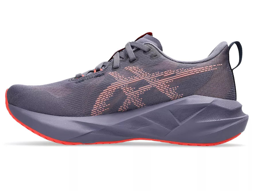 Women's Asics Novablast 5. Grey/Purple upper. Grey/Purple midsole. Medial view.