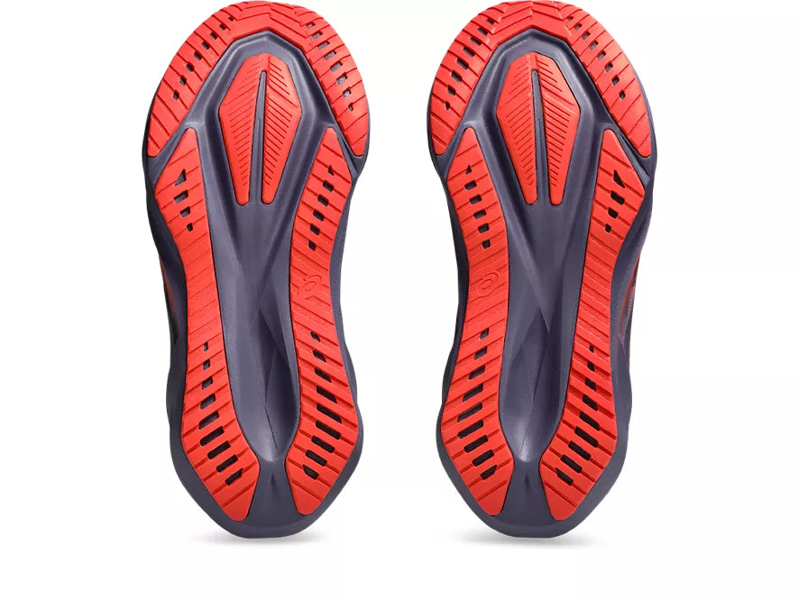 Women's Asics Novablast 5. Grey/Purple upper. Grey/Purple midsole. Bottom view.