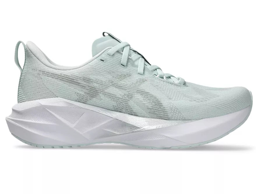 Women's Asics Novablast 5. Light Aqua upper. White midsole. Lateral view.