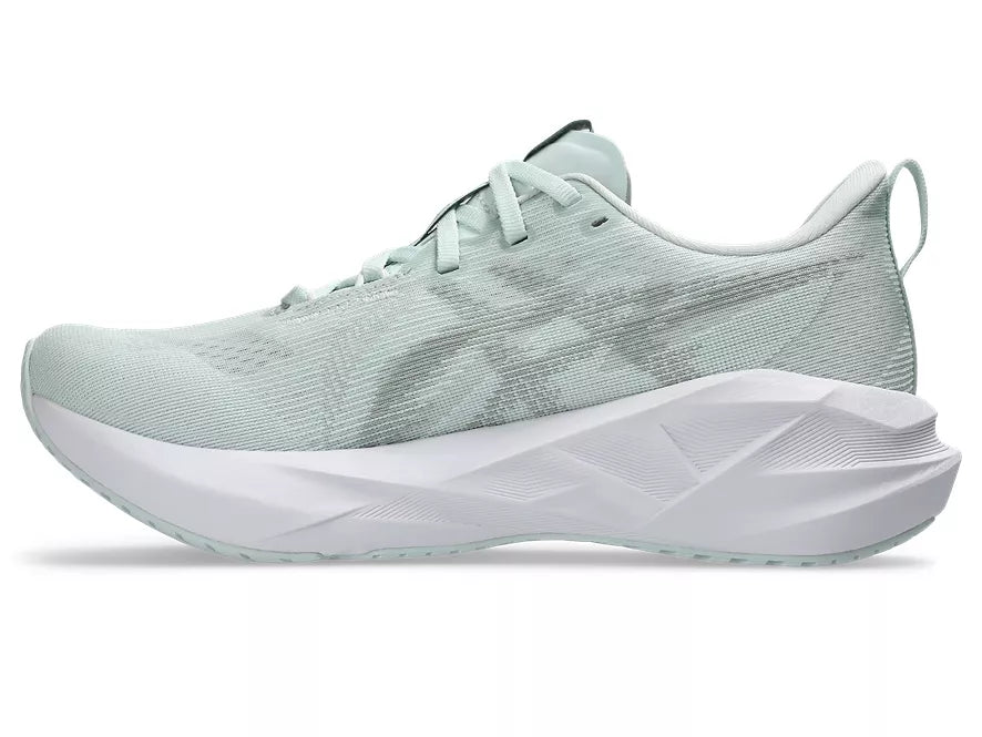 Women's Asics Novablast 5. Light Aqua upper. White midsole. Medial view.