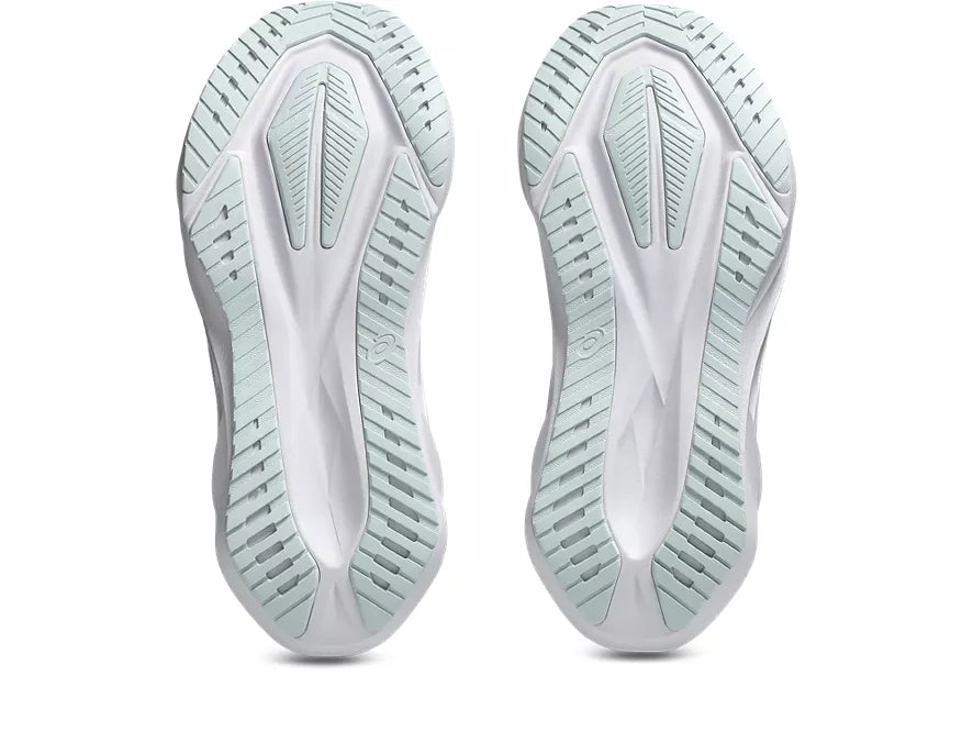 Women's Asics Novablast 5. Light Aqua upper. White midsole. Bottom view.