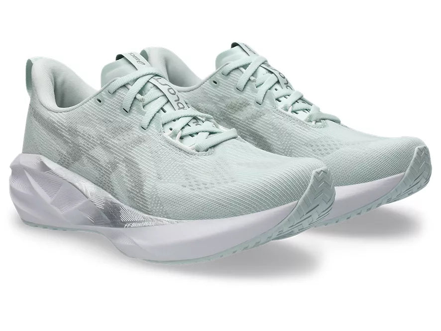 Women's Asics Novablast 5. Light Aqua upper. White midsole. Lateral view.
