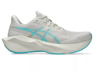 Women's Asics Novablast 6. Off White upper. Off White midsole. Lateral view.