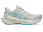 Women's Asics Novablast 6. Off White upper. Off White midsole. Lateral view.