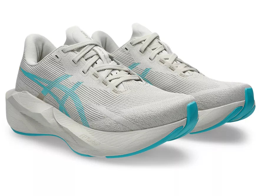Women's Asics Novablast 6. Off White upper. Off White midsole. Lateral view.