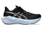Women's Asics Novablast 6. Black upper. White midsole. Lateral view.