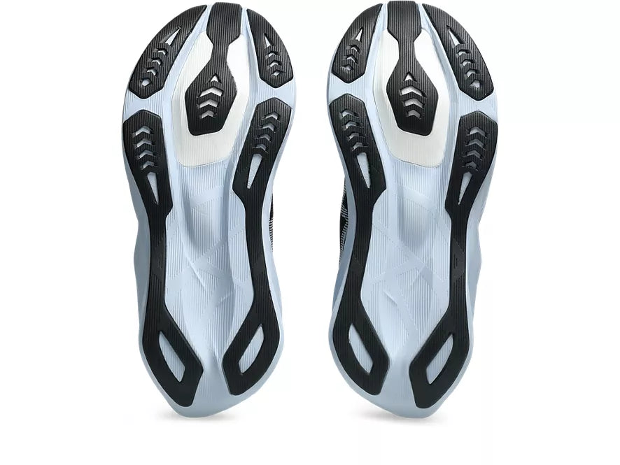 Women's Asics Novablast 6. Black upper. White midsole. Bottom view.