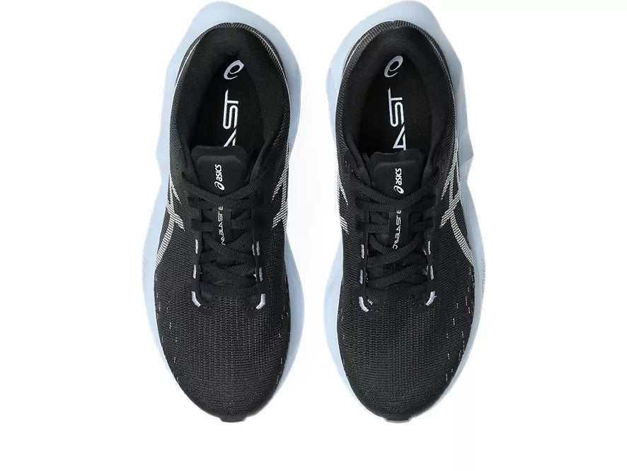 Women's Asics Novablast 6. Black upper. White midsole. Top view.