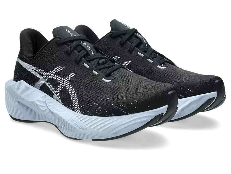 Women's Asics Novablast 6. Black upper. White midsole. Lateral view.