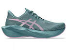 Women's Asics Novablast 6. Green upper. Green midsole. Lateral view.