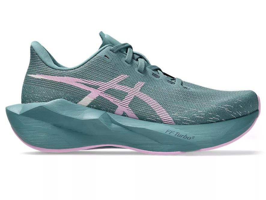 Women's Asics Novablast 6. Green upper. Green midsole. Lateral view.