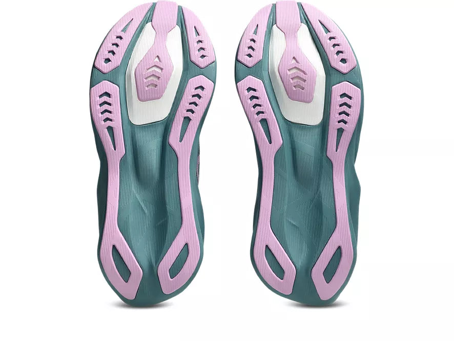 Women's Asics Novablast 6. Green upper. Green midsole. Bottom view.