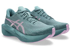 Women's Asics Novablast 6. Green upper. Green midsole. Lateral view.