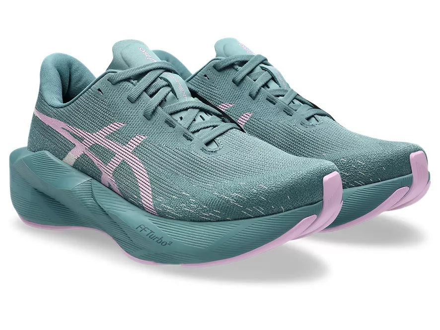 Women's Asics Novablast 6. Green upper. Green midsole. Lateral view.