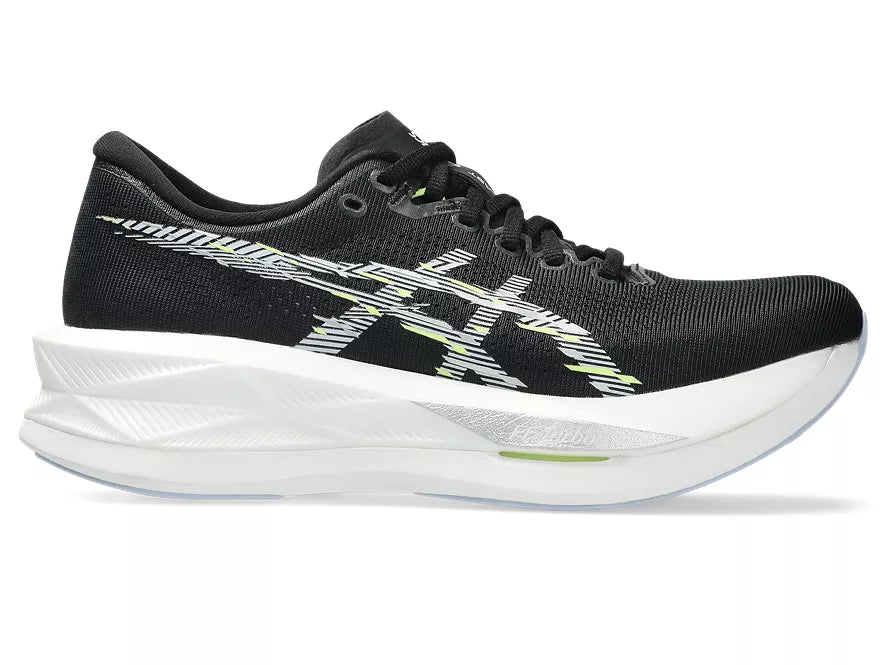 Women's Asics Sonicblast. Black upper. White midsole. Lateral view.