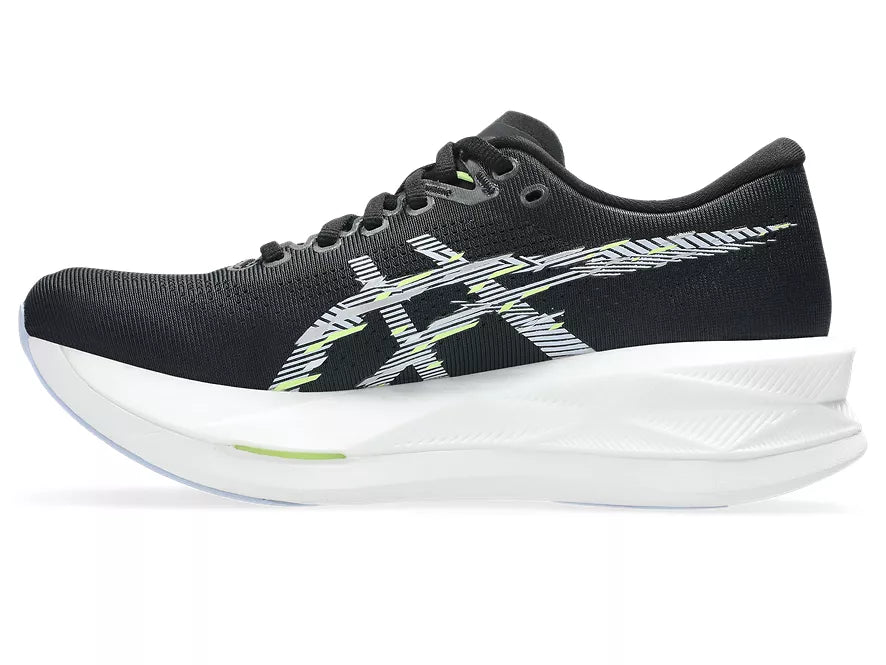 Women's Asics Sonicblast. Black upper. White midsole. Medial view.