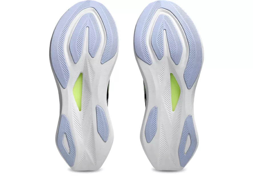 Women's Asics Sonicblast. Black upper. White midsole. Bottom view.