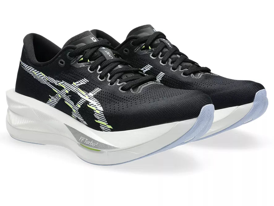 Women's Asics Sonicblast. Black upper. White midsole. Lateral view.
