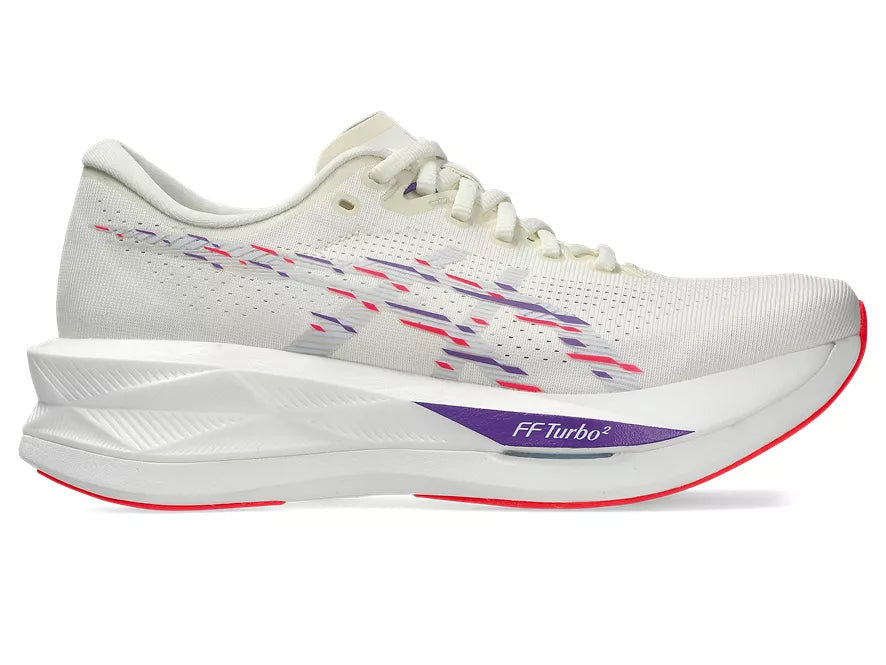 Women's Asics Sonicblast. Off White upper. White midsole. Lateral view.