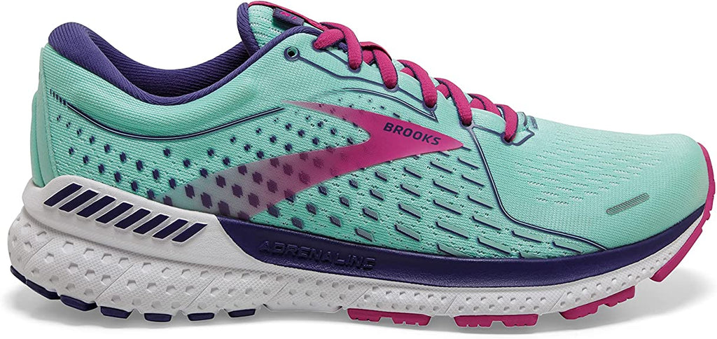 Women's Brooks Adrenaline GTS 21. Green upper. White midsole. Lateral view.