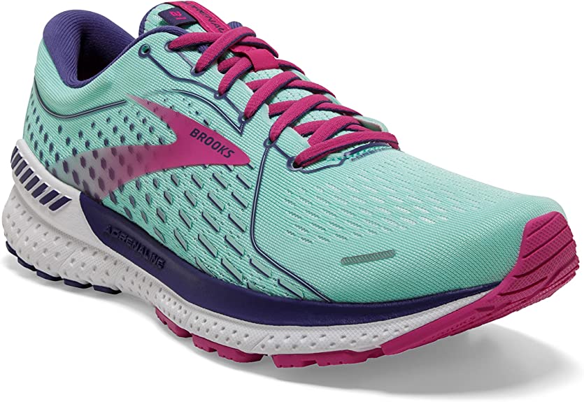 Women's Brooks Adrenaline GTS 21. Green upper. White midsole. Lateral view.