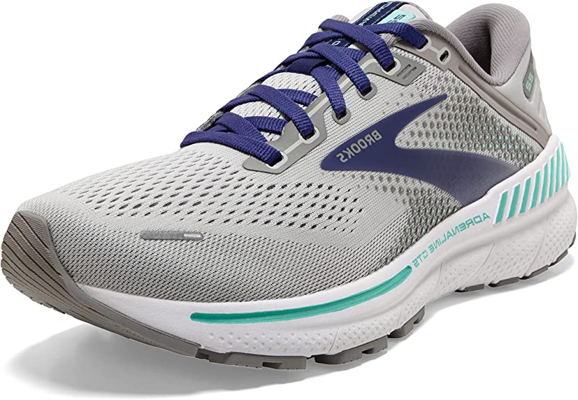 Women's Brooks Adrenaline GTS 22. Grey upper. White midsole. Lateral view.